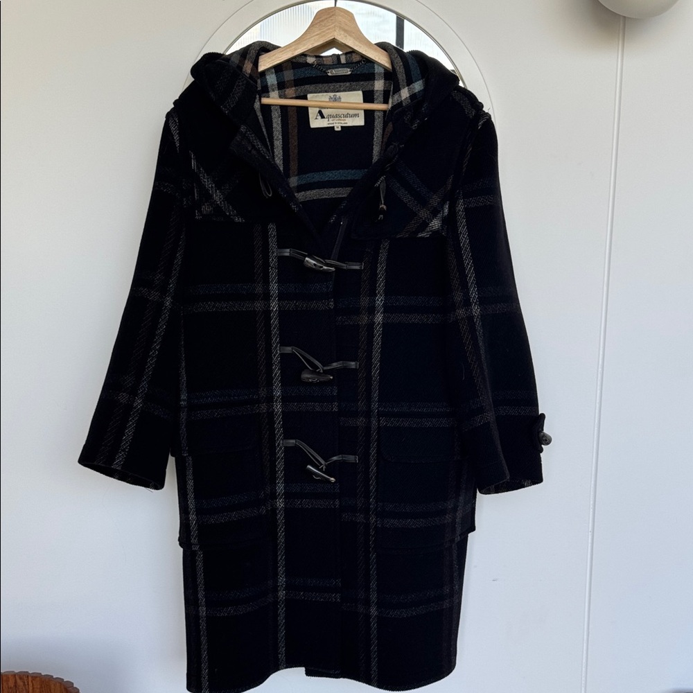 Aquascutum London Black Plaid Coat Toggle Buttons M